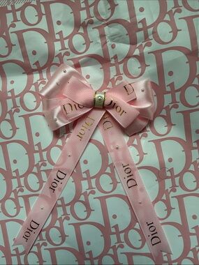 Dior Light Pink Logo Ribbon Bow with Pearl and Gold Accents Dior Gift Bow